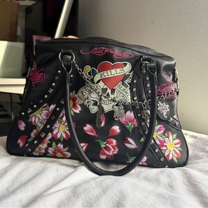 Ed Hardy Black and Pink Floral Shoulder Bag